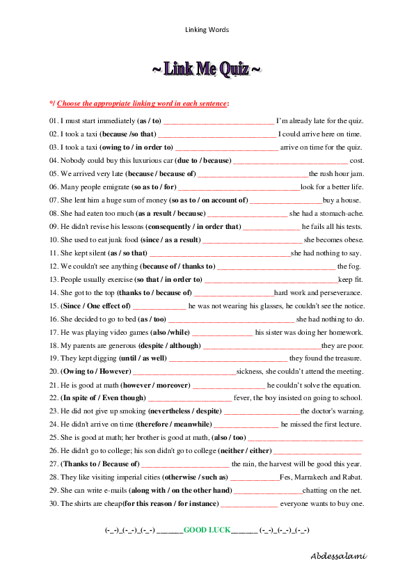 (PDF) Linking words Quiz 1 Mubarak Abdessalami Academia.edu