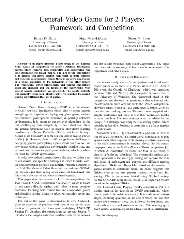 (PDF) General Video Game for 2 players: Framework and competition