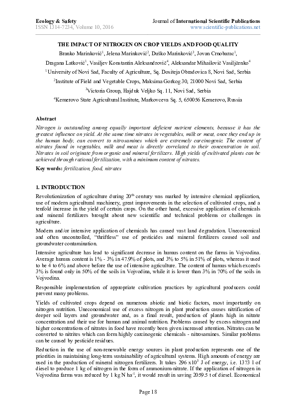 (PDF) The Impact of Nitrogen on Crop Yields and Food Quality