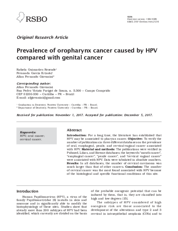 (PDF) Prevalence of oropharynx cancer caused by HPV compared with ...