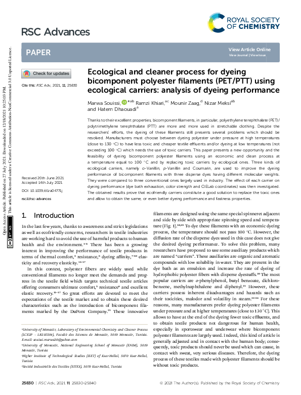 (PDF) Ecological and cleaner process for dyeing bicomponent polyester ...