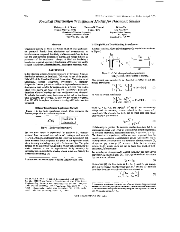 (PDF) Practical distribution transformer models for harmonic studies