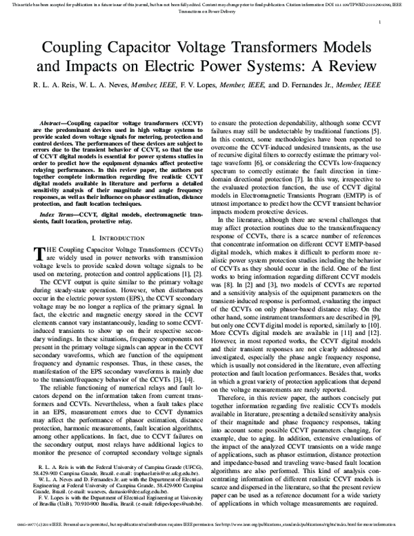 (PDF) Coupling Capacitor Voltage Transformers Models and Impacts on Electric Power Systems A