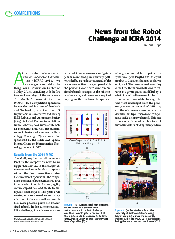 (PDF) News from the Robot Challenge at ICRA 2014 [Competitions]