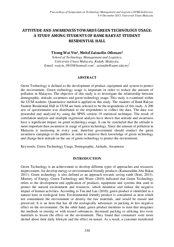 (PDF) Attitude and awareness towards green technology usage: A study ...