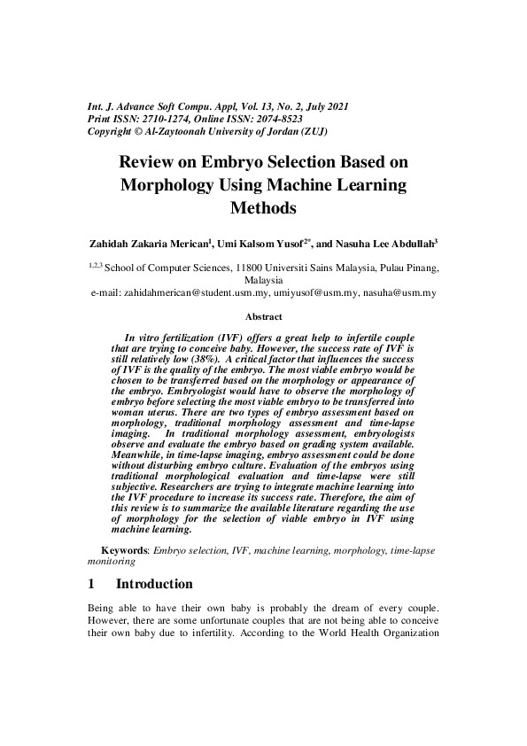 (PDF) Review on Embryo Selection Based on Morphology Using Machine ...