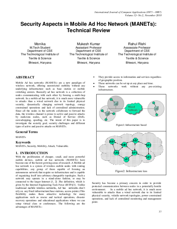 (PDF) Security Aspects in Mobile Ad Hoc Network (MANETs): Technical Review