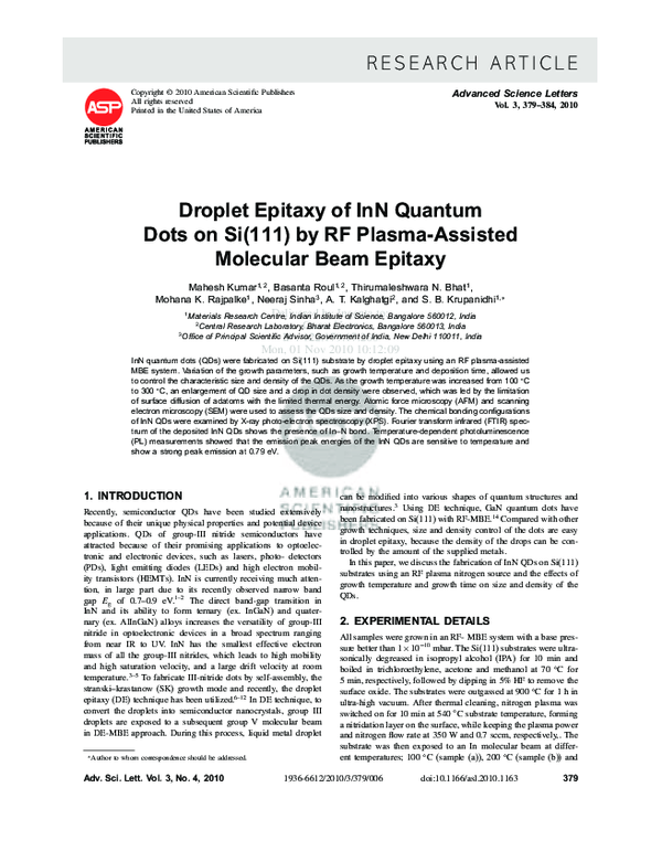 (PDF) Droplet Epitaxy of InN Quantum Dots on Si(111) by RF Plasma ...