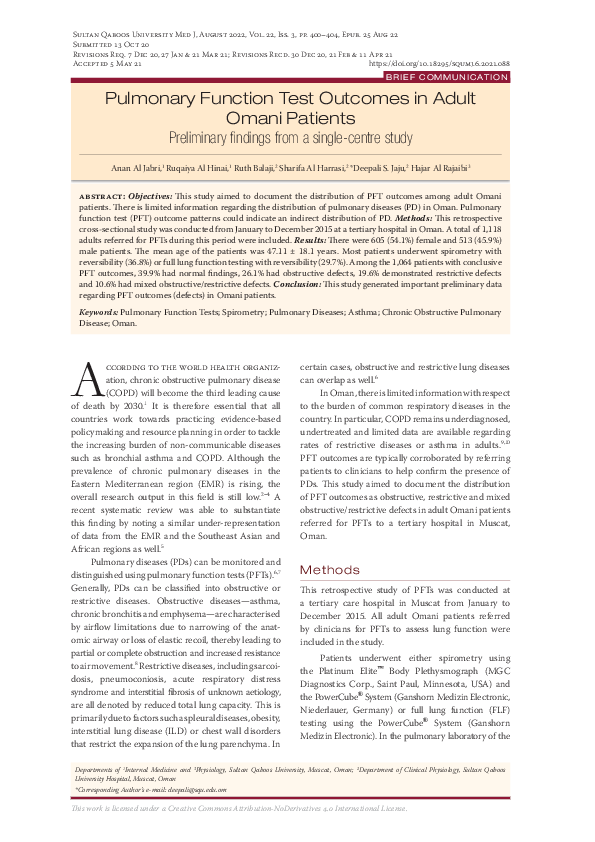 (PDF) Pulmonary Function Test Outcomes in Adult Omani Patients