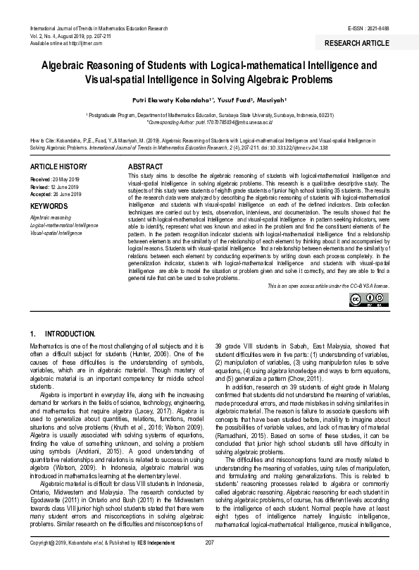 (PDF) Algebraic Reasoning of Students with Logical-mathematical ...