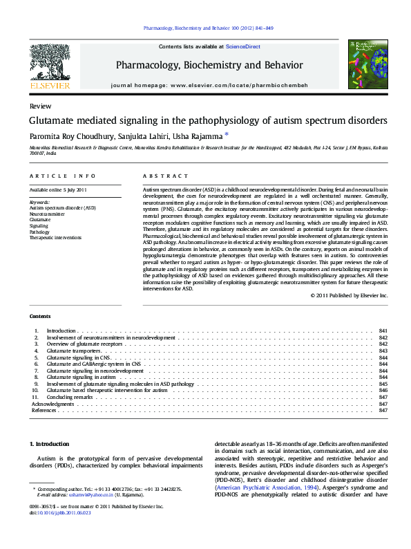 (PDF) Glutamate mediated signaling in the pathophysiology of autism ...