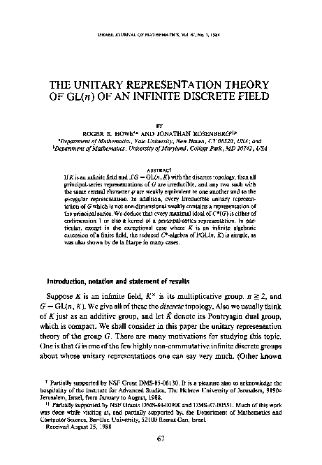 (PDF) The unitary representation theory of GL(n) of an infinite ...