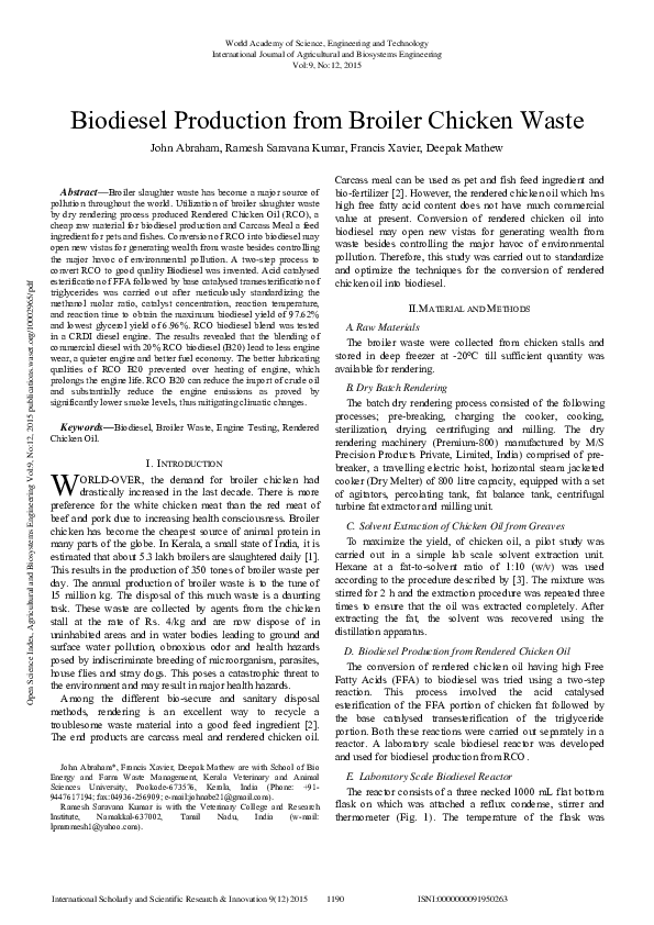 (PDF) Biodiesel Production From Broiler Chicken Waste Dr Francis