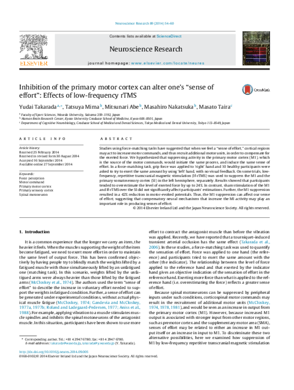(PDF) Inhibition of the primary motor cortex can alter one's "sense of ...