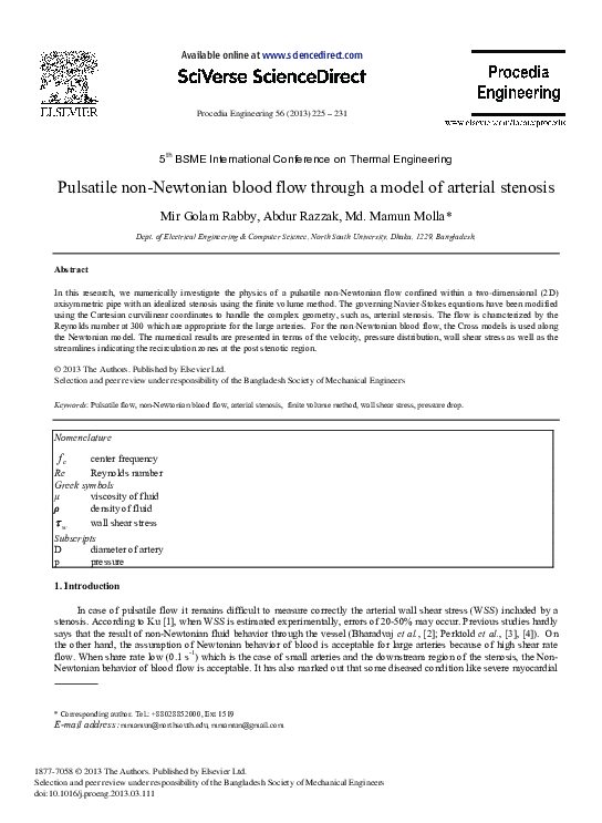 (PDF) Pulsatile Non-Newtonian Blood Flow through a Model of Arterial ...