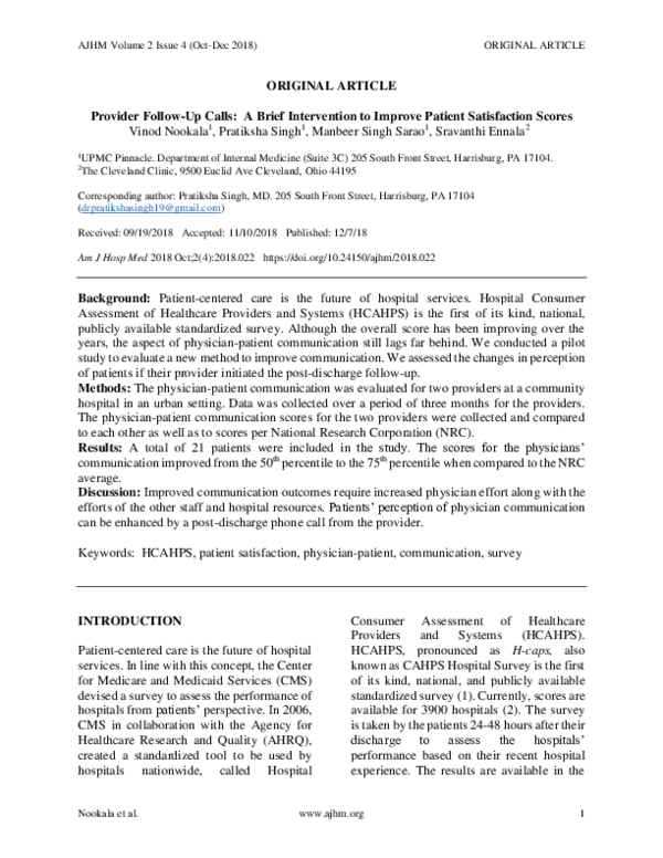 (PDF) Provider Follow-Up Calls: A Brief Intervention to Improve Patient ...