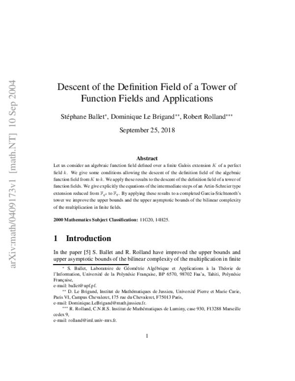 (PDF) Descent of the Definition Field of a Tower of Function Fields and ...