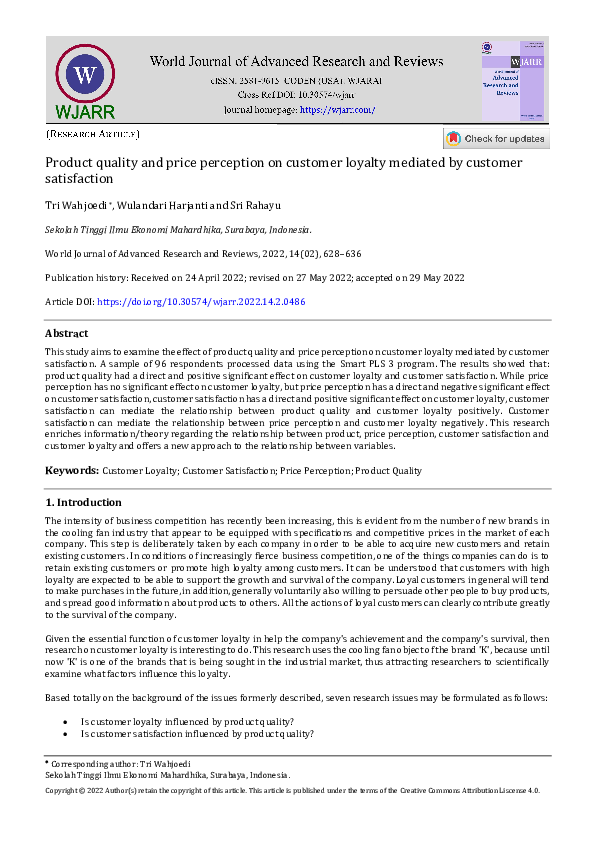 (PDF) Product quality and price perception on customer loyalty mediated ...