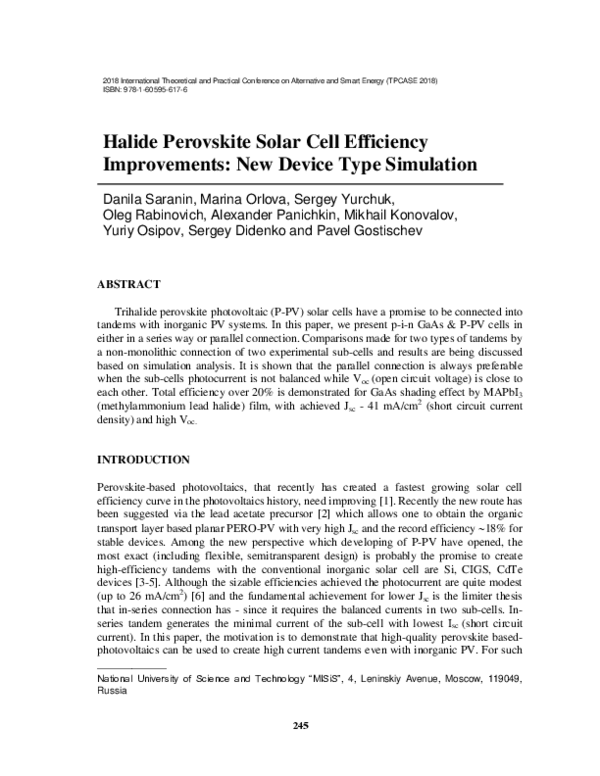 (PDF) Halide Perovskite Solar Cell Efficiency Improvements: New Device ...