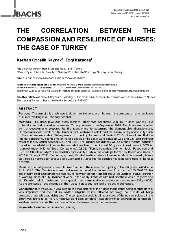 (PDF) The Correlation Between the Compassion and Resilience of Nurses ...