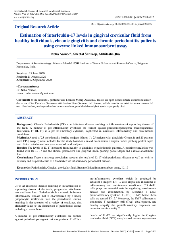 (PDF) Estimation of interleukin-17 levels in gingival crevicular fluid ...