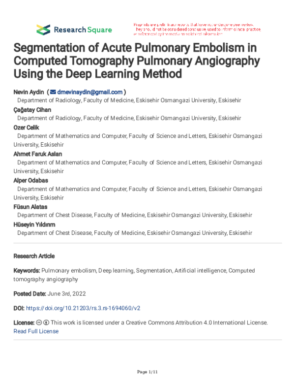 (PDF) Segmentation of Acute Pulmonary Embolism in Computed Tomography ...