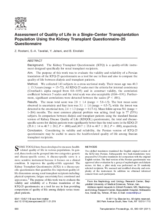 (PDF) Assessment of Quality of Life in a Single-Center Transplantation ...