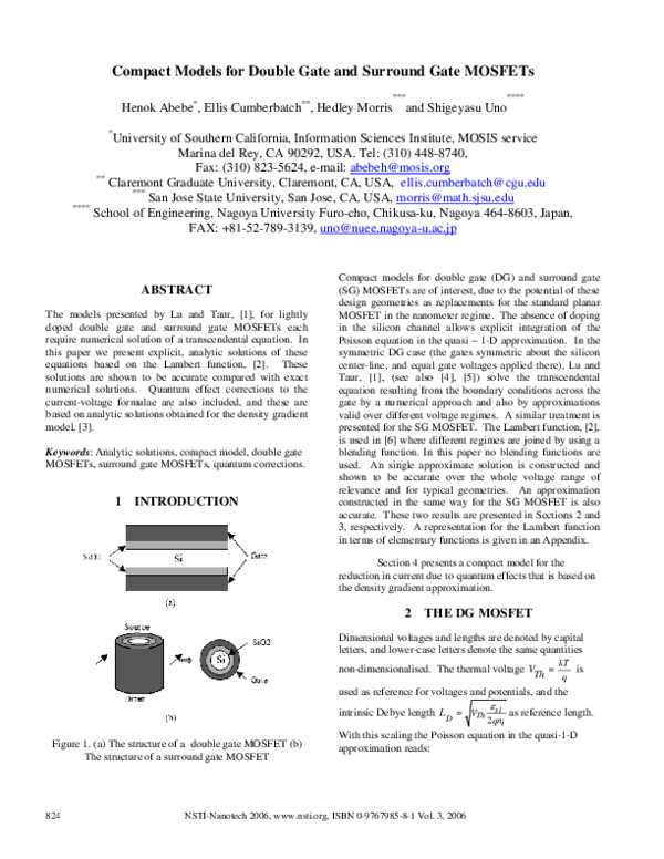 (PDF) Compact Models for Double Gate and Surrounding Gate MOSFETs