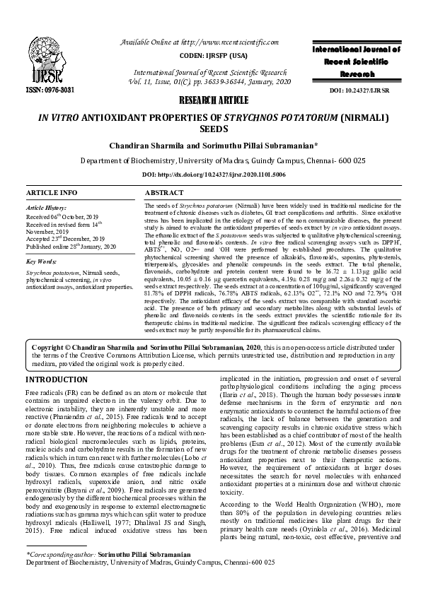 (PDF) IN VITRO ANTIOXIDANT PROPERTIES OF STRYCHNOS POTATORUM (NIRMALI ...