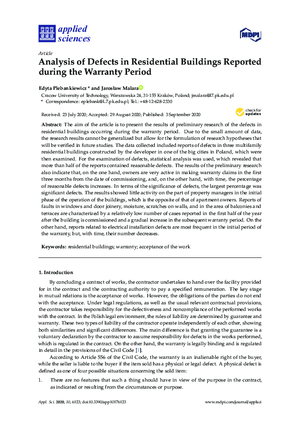 (PDF) Analysis of Defects in Residential Buildings Reported during the ...