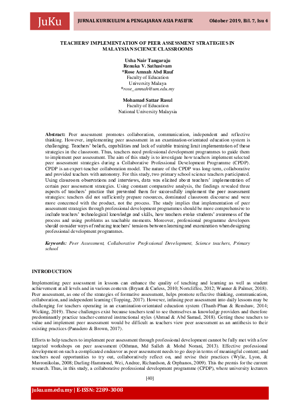 Pdf Teachers Implementation Of Peer Assessment Strategies In Pdf Teachers Implementation Of Peer Assessment Strategies In