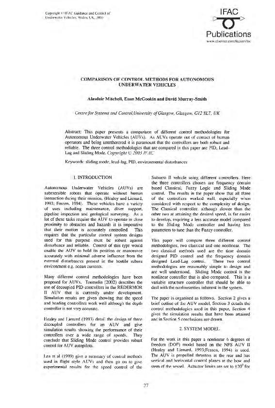 (PDF) Comparison of Control Methods for Autonomous Underwater Vehicles