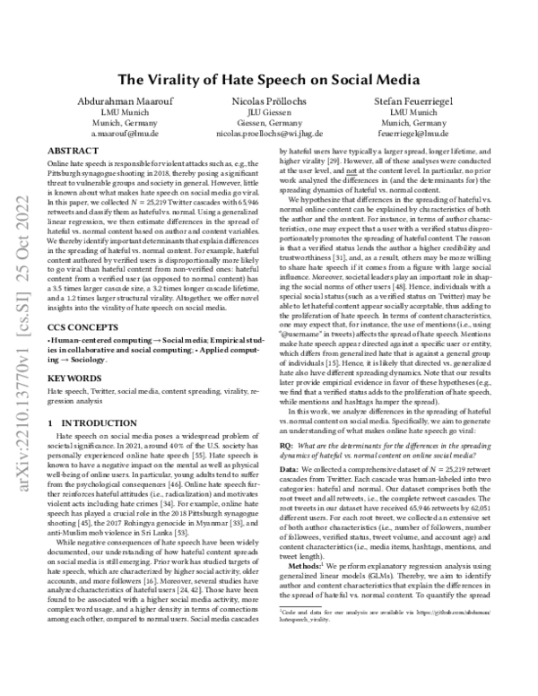 (PDF) The Virality of Hate Speech on Social Media