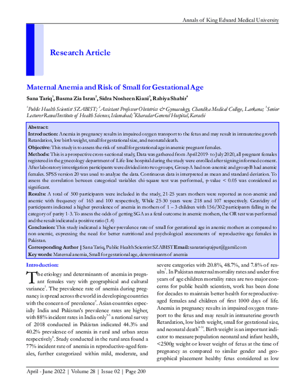 (PDF) Maternal Anemia and Risk of Small for Gestational Age
