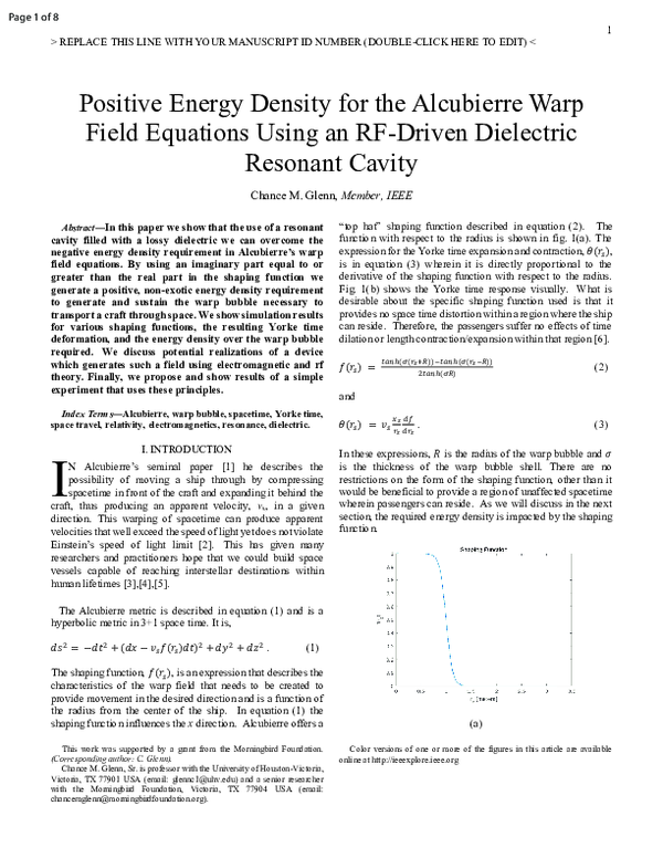 Positive Energy Density for the Alcubierre Warp Field Equations Using an RF-Driven Dielectric Resonant Cavity