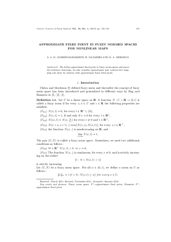 (PDF) Approximate Fixed Point in Fuzzy Normed Spaces for Nonlinear Maps