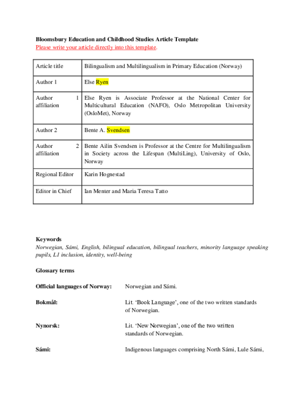 (PDF) Bilingualism and Multilingualism in Primary Education (Norway)