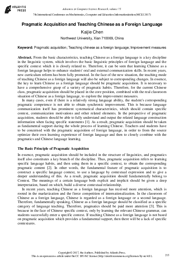 (PDF) Pragmatic Acquisition and Teaching Chinese as a Foreign Language