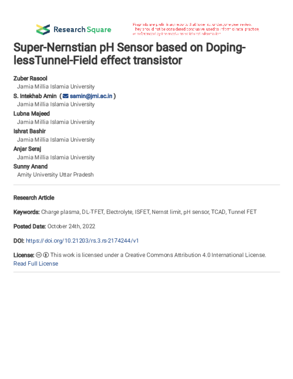 (PDF) Super-Nernstian pH Sensor based on Doping-lessTunnel-Field effect ...