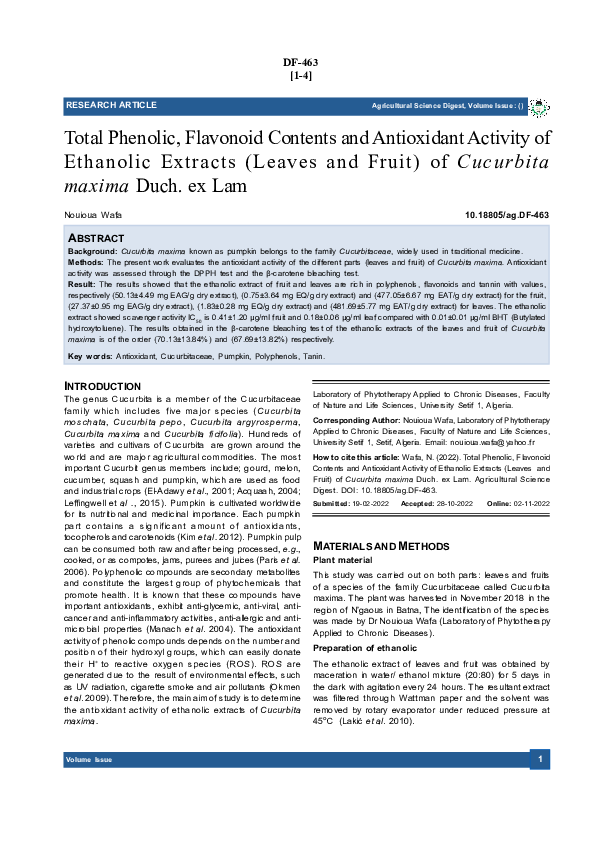 (PDF) Total Phenolic, Flavonoid Contents and Antioxidant Activity of ...
