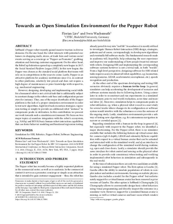 (PDF) Towards an Open Simulation Environment for the Pepper Robot