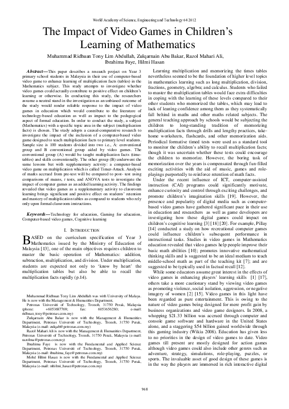 (PDF) The Impact Of Video Games In Children-S Learning Of Mathematics