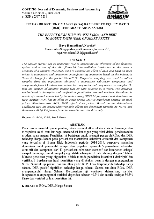 (PDF) Pengaruh Return On Asset (ROA) dan Debt To Equity Ratio (DER ...