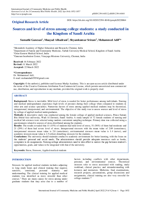 (PDF) Sources and level of stress among college students: a study ...