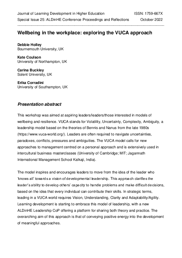 (PDF) Wellbeing in the workplace: exploring the VUCA approach