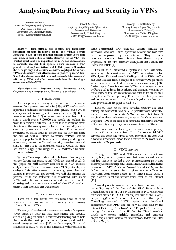 (DOC) Analysing Data Privacy and Security in VPNs