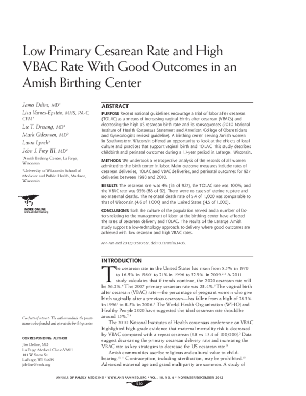 (PDF) Low Primary Cesarean Rate and High VBAC Rate With Good Outcomes ...