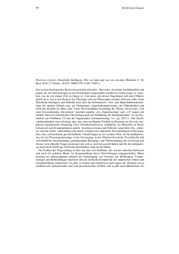 PDF) Manuela Lenzen, Knstliche Intelligenz. Was sie kann und was uns  erwartet, Mnchen: C. H. Beck 2018