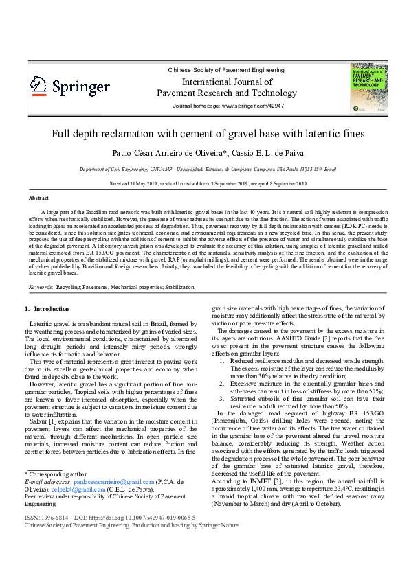 (PDF) Full depth reclamation with cement of gravel base with lateritic ...