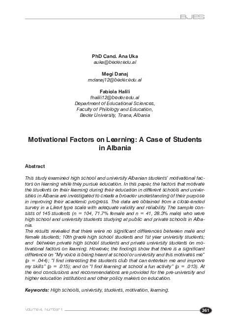 (PDF) Motivational Factors on Learning: A Case of Students in Albania